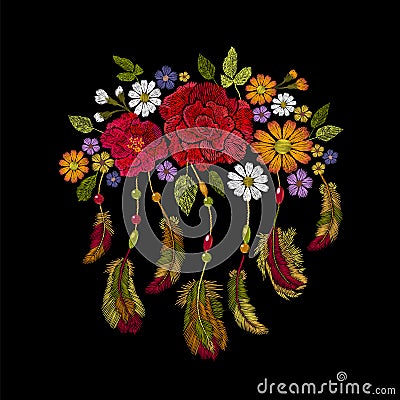 Embroidery boho native american indian feathers flowers arrangement. Clothes ethnic tribal fashion design decoration Vector Illustration