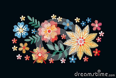 Embroidery bouquet with red, yellow and blue flowers isolated on black background. Vector illustration. Imitation of satin stitch Vector Illustration