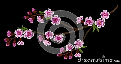 Embroidery branch of cherry blossoms on a black background Vector Illustration