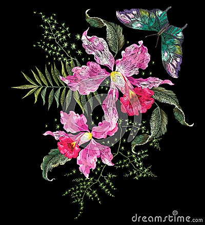 Embroidery brigt trend floral pattern with orchids and butterfly Vector Illustration