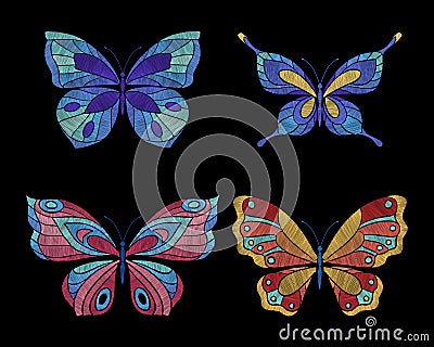 Embroidery butterflies. Floral butterfly, orange blue flying insects. Textile decoration, fashion graphic patches Stock Photo