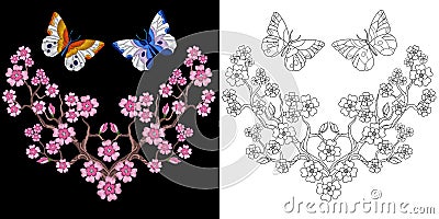 Embroidery butterfly and sakura design Vector Illustration