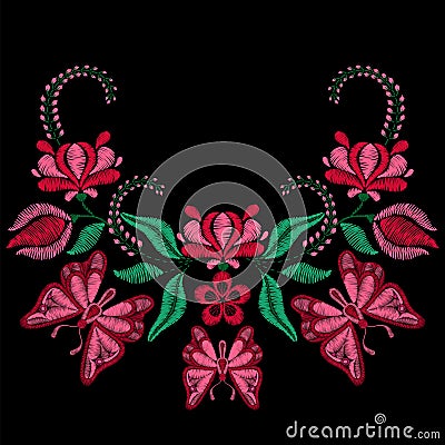 Embroidery with butterfly, spring flowers. Necklace for fabric, Vector Illustration