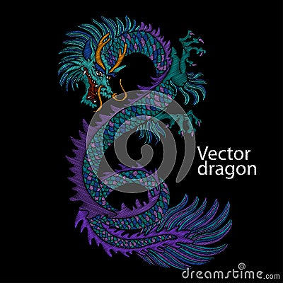 Embroidery of Chinese dragon. Classical embroidery asian blue dragon. Japanese dragon. Vector art with dragons for t Vector Illustration
