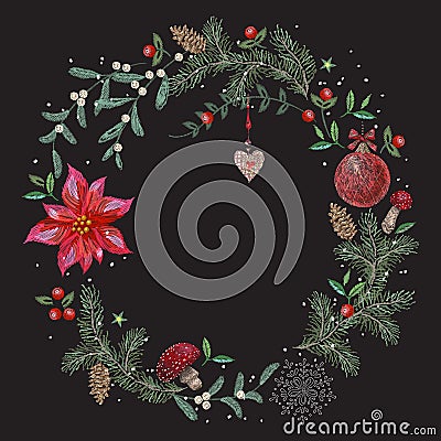 Embroidery christmas pattern with flowers, pine and ball. Vector Illustration