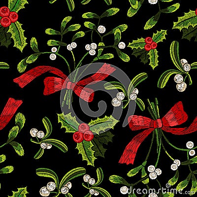 Embroidery christmas seamless pattern with mistletoe. Vector Illustration