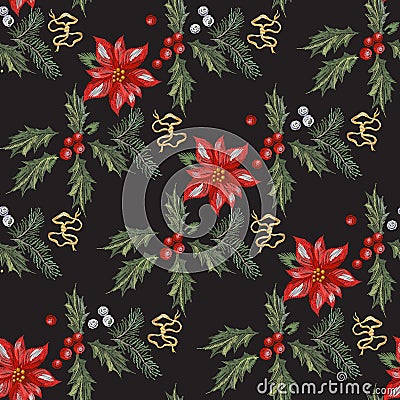 Embroidery christmas seamless pattern with red flowers, pine and mistletoe. Vector Illustration