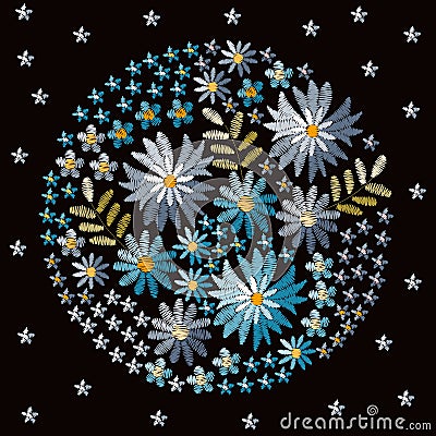 Embroidery circle pattern with beautiful flowers in blue colors. Floral vector illustration Vector Illustration