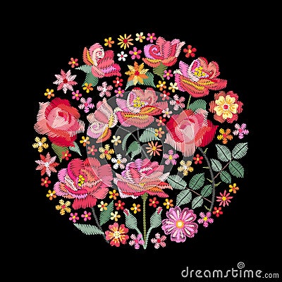 Embroidery circle pattern with beautiful red and pink flowers. Colorful bouquet on black background. Floral vector illustration Vector Illustration