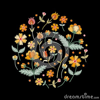 Embroidery circle pattern with beautiful yellow flowers. Colorful bouquet on black background. Floral vector illustration Vector Illustration