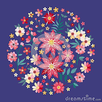 Embroidery circle pattern with colorful summer flowers. Embroidered composition for cards, t-shirts. Floral vector illustration Vector Illustration