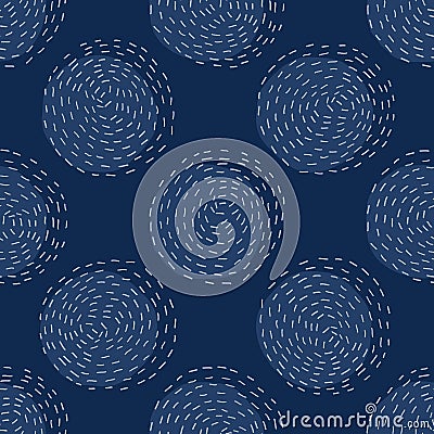 Embroidery Circle Sashiko Kantha Vector Pattern. Asian Needlework Seamless Background. Indigo Blue Style. Running Hand Stitch Stock Photo