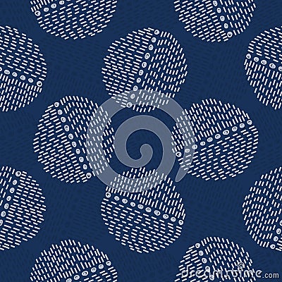 Embroidery Circle Sashiko Kantha Vector Pattern. Asian Needlework Seamless Background. Indigo Blue Style. Running Hand Stitch Stock Photo