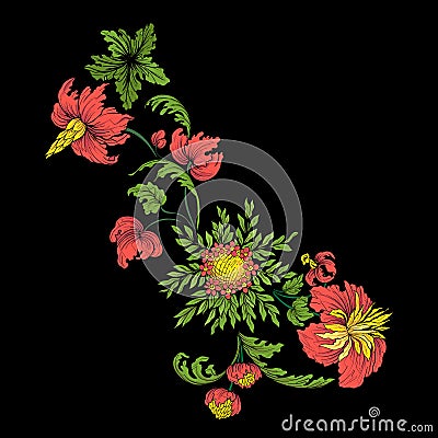 Embroidery for the collar line. Floral ornament in vintage style Vector Illustration