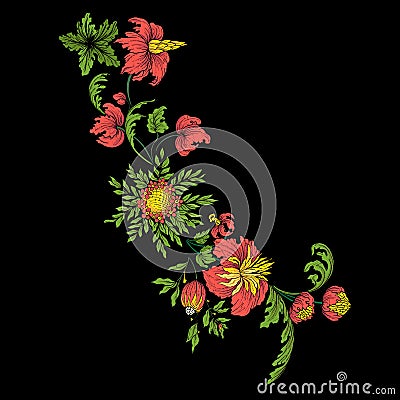 Embroidery for the collar line. Floral ornament in vintage style Vector Illustration
