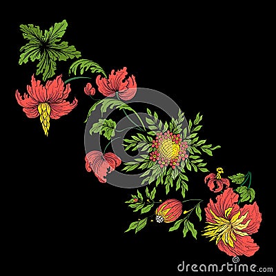 Embroidery for the collar line. Floral ornament in vintage style Vector Illustration