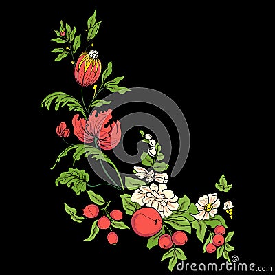 Embroidery for the collar line. Floral ornament in vintage style Vector Illustration