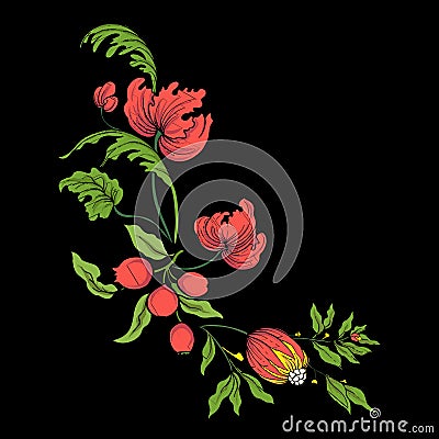 Embroidery for the collar line. Floral ornament in vintage style Vector Illustration