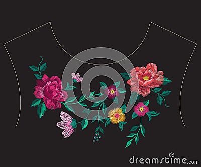 Embroidery colorful ethnic neck line floral pattern with big roses. Vector Illustration