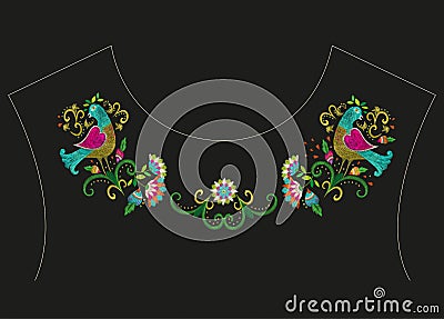 Embroidery colorful ethnic neck line floral pattern. Vector Illustration