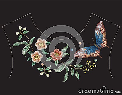 Embroidery colorful ethnic neck line pattern with flowers Vector Illustration