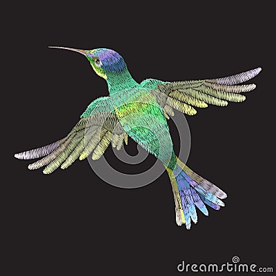 Embroidery colorful fashion ethnic pattern with hummingbird. Vector Illustration