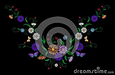 Embroidery colorful floral pattern with dog roses and forget me not flowers. Vector traditional folk fashion ornament on Vector Illustration