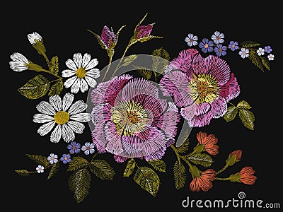 Embroidery colorful floral pattern with dog roses and forget me not flowers. Vector traditional folk fashion ornament on black bac Cartoon Illustration