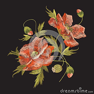 Embroidery colorful floral pattern with poppy flowers. Vector Illustration