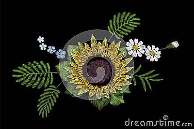 Embroidery colorful floral pattern sunflower daisy and forget me not flowers. Vector traditional folk fashion ornament Vector Illustration