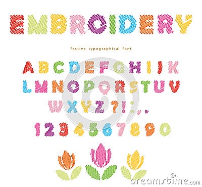 Embroidery colorful font design. Isolated on white. Vector Illustration