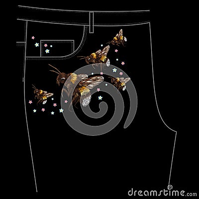 Embroidery colorful jeans floral pattern with bumblebees. Vector Illustration