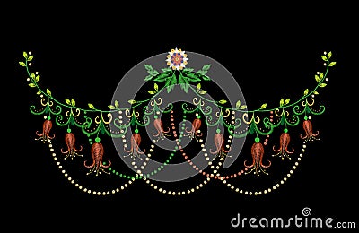 Embroidery colorful neck line floral pattern with harebells. Vector Illustration