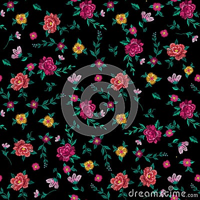 Embroidery colorful simplified ethnic floral seamless pattern. Vector Illustration