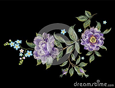 Embroidery colorful trend floral pattern with purple roses . Vector Illustration