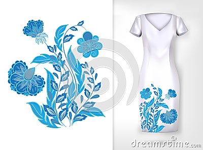 Embroidery colorful trend floral pattern. Vector traditional ornamental flowerspattern on dress mock up. Can be used in Vector Illustration