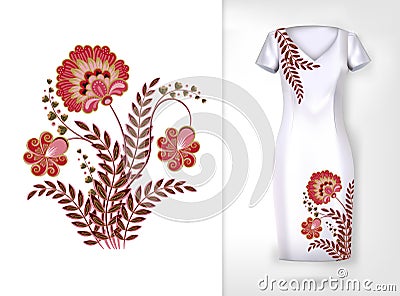 Embroidery colorful trend floral pattern. Vector traditional ornamental flowerspattern on dress mock up. Can be used in Vector Illustration