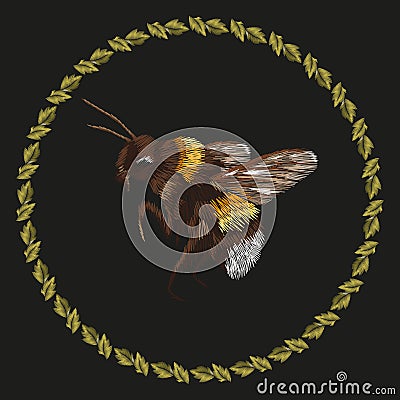 Embroidery colorful trend pattern with bumblebee. Vector Illustration