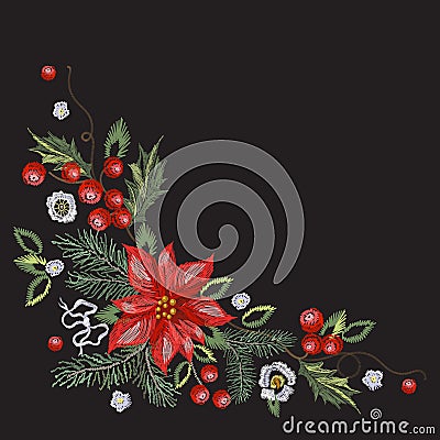 Embroidery corner christmas pattern with red flowers, pine and mistletoe. Vector Illustration