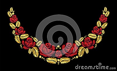 Embroidery crewel flower necklace traditional ornament decoration red roses leaves blueberry rich glowing golden gold Vector Illustration