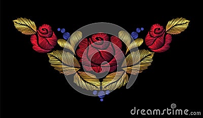 Embroidery crewel flower necklace traditional ornament decoration red roses leaves blueberry rich glowing golden gold Vector Illustration