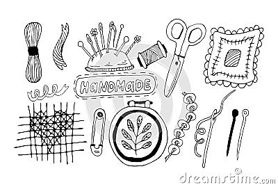 Embroidery and cross stitch kit icons Set: tambour, scissors, floss, thread, needles. Handmade tools doodles collection. Black and Vector Illustration