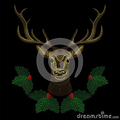 Embroidery cute deer face with Christmas mistletoe wreath, horn-deer for fashion design wearing. Embroidered patch. Vector Illustration