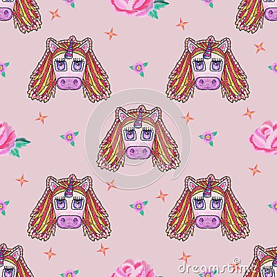 Embroidery cute seamless pattern with fantasy unicorn. Vector Illustration