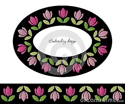 Embroidery decorative frame and border set. Ribbon with tulips added in brushes. Vector Illustration