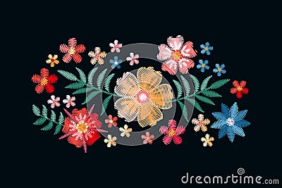 Embroidery design with beautiful flowers and leaves. Colorful bouquet isolated on black background. Satin stitch in vector Vector Illustration