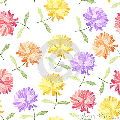 Embroidery design. Seamless pattern with colorful chrysanthemum flowers on white background Vector Illustration