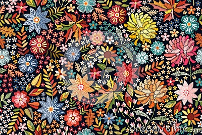 Embroidery. Ditsy floral seamless pattern with colorful flowers and leaves on black background. Beautiful print for fabric Vector Illustration