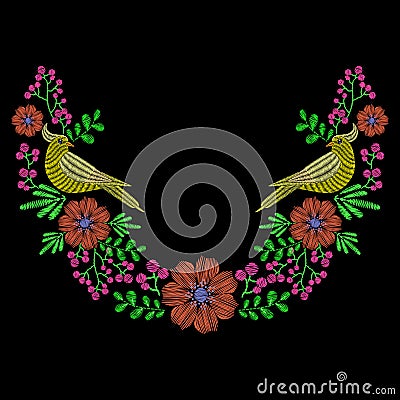 Embroidery with dove bird, wild flowers wreath for neckline. Vector fashion ornament on black background for fabric traditional f Vector Illustration