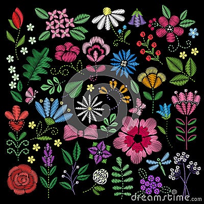 Embroidery elements. Flowers, leaves, dragonflies, butterflies embroidered on black background. Floral motifs for Vector Illustration